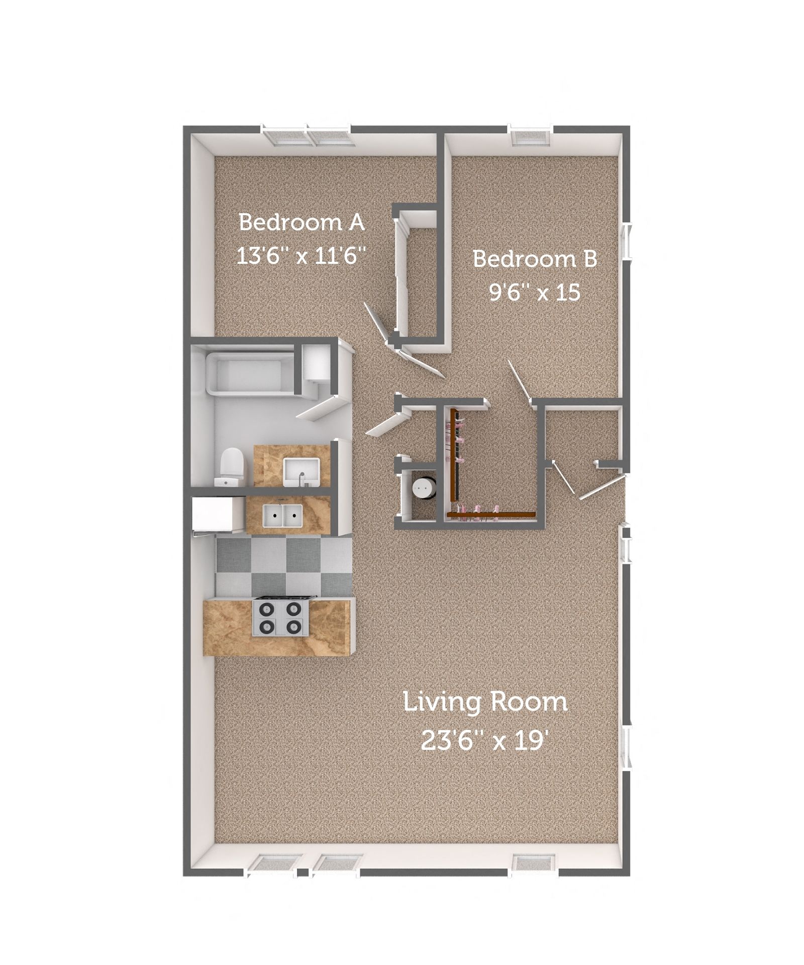 Floor plan for 2 beds, 1 bath, 1008 sqft